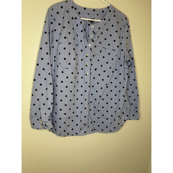 TALBOTS Woman Polka Dot Chambray Top Womens 1X Blue Black Long Sleeve Pullover - Picture 1 of 5